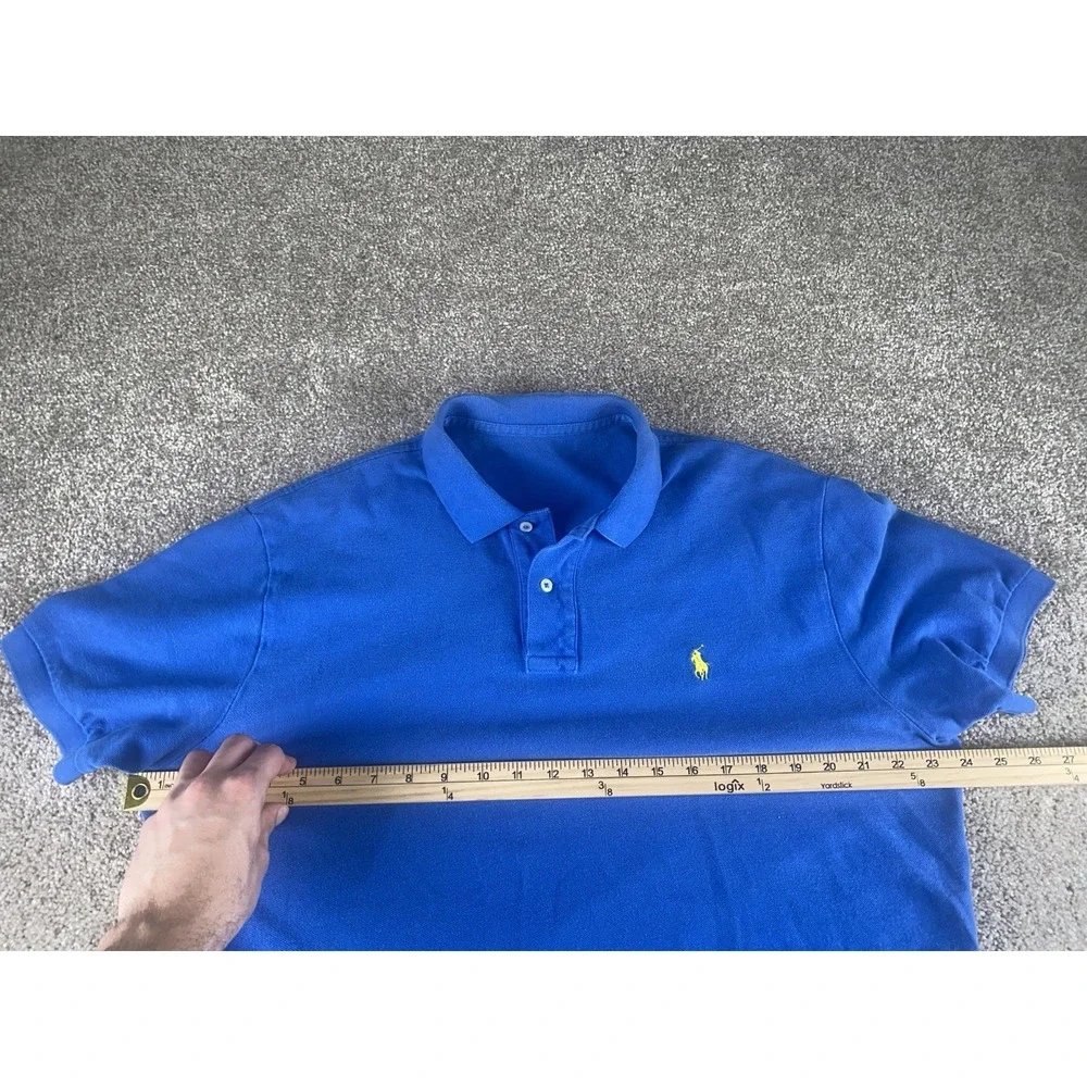 Polo Ralph Lauren Solid Blue Short Sleeve Polo Cotton Yellow Pony Mens L Read